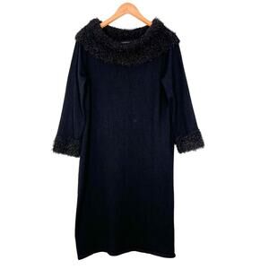 Spense Black Sweater Dress Boat Neck Faux Feather Collar Cuffs Long Sleeves Sz L
